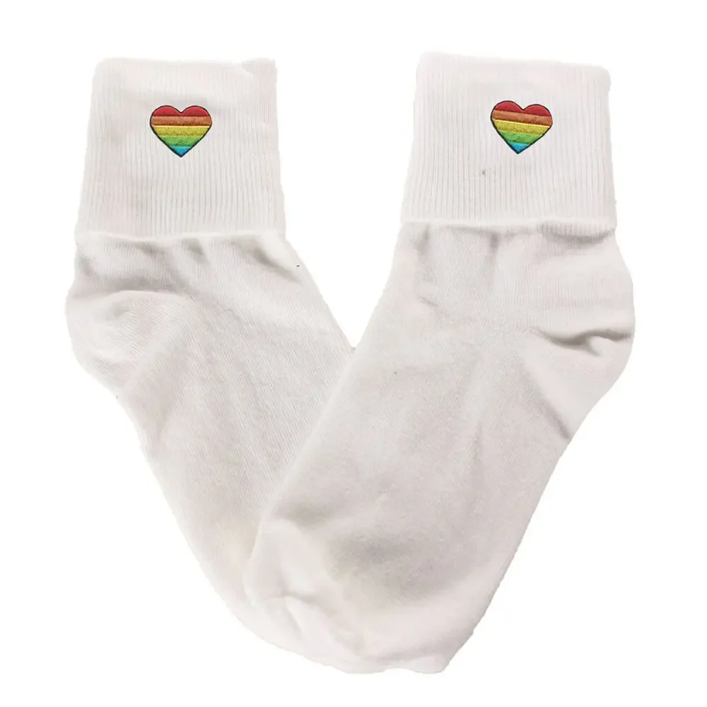 Rainbow Heart Bobby Socks Womens 9-11 Socks w Embroidered Appliques - Hey Viv